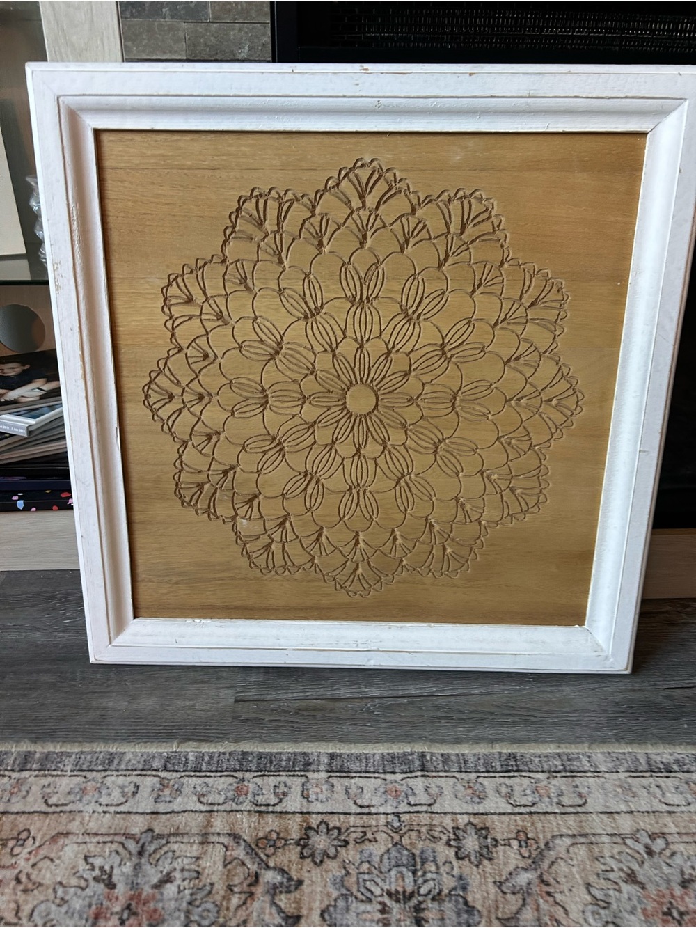 Framed Carved Wood Mandala Wall Art - White Frame, Natural Wood